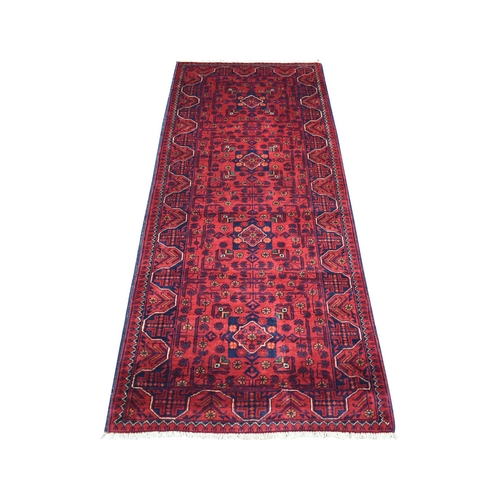 Deep and Saturated Red, Afghan Khamyab with Geometric Design, Soft Wool Hand Knotted, Runner Oriental Rug