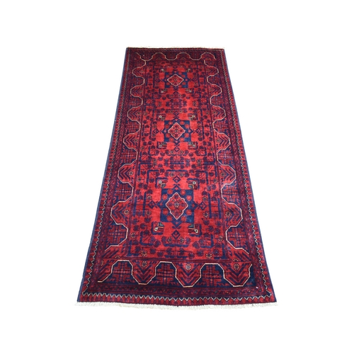 Deep and Saturated Red, Soft and Velvety Wool Hand Knotted, Afghan Khamyab with Geometric Design, Runner Oriental Rug