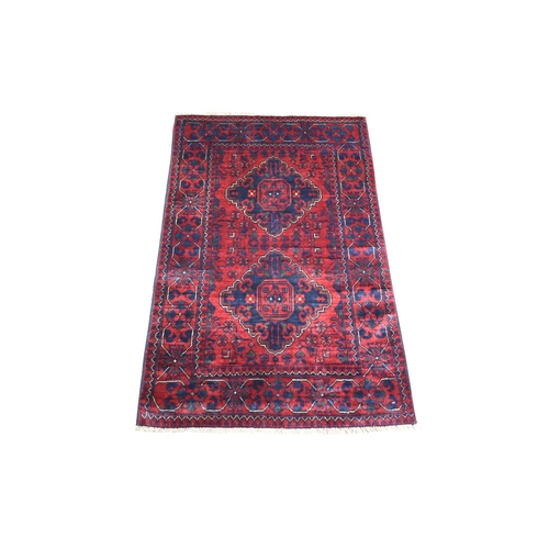 Deep and Saturated Red, Pure Wool Hand Knotted, Afghan Khamyab with Double Geometric Medallions Design, Oriental Rug