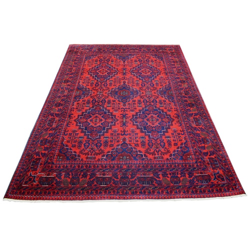 Deep and Saturated Red, Hand Knotted Afghan Khamyab with Geometric Medallions Design, Soft Wool, Oriental Rug