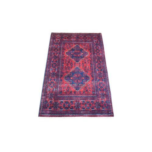 Deep and Saturated Red, Afghan Khamyab with Double Geometric Medallion Design, Shiny Wool Hand Knotted, Oriental Rug