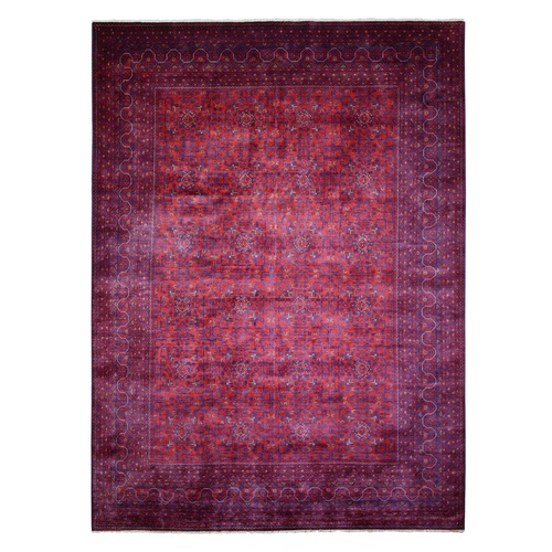 Deep and Saturated Red with Touches of Navy Blue, Afghan Khamyab with Geometric Design, Soft and Velvety Wool Hand Knotted, Oriental 