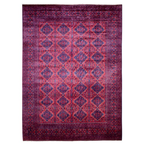 Deep and Saturated Red with Mix of Blue, Soft Wool Hand Knotted, Afghan Khamyab with Large Geometric Medallions, Oriental Rug