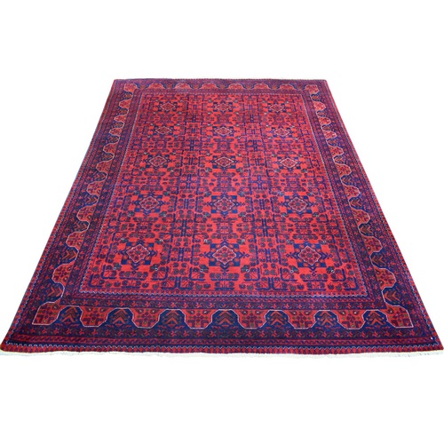 Deep and Saturated Red with Touches of Blue, Hand Knotted Afghan Khamyab with Geometric Design, Soft and Velvety Wool, Oriental Rug