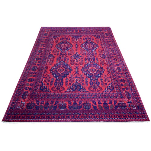 Deep and Saturated Red with Mix of Blue, Hand Knotted Afghan Khamyab with Tribal Medallions Design, Soft and Shiny Wool, Oriental Rug