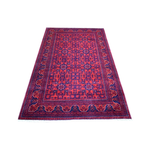 Deep and Saturated Red with Touches of Navy Blue, Afghan Khamyab with Geometric Design, Pure Wool Hand Knotted, Oriental Rug