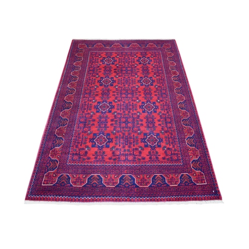 Deep and Saturated Red, Hand Knotted Afghan Khamyab with Geometric Design, Soft Wool, Oriental Rug