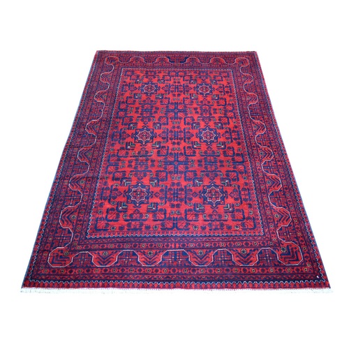 Deep and Saturated Red with Mix of Blue, Afghan Khamyab with Geometric Design, Shiny Wool Hand Knotted, Oriental Rug