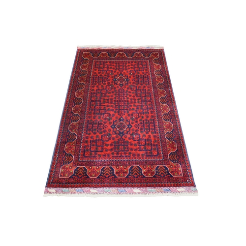 Deep and Saturated Red with Mix of Blue, Hand Knotted Afghan Khamyab with Geometric Design, Velvety Wool, Oriental Rug