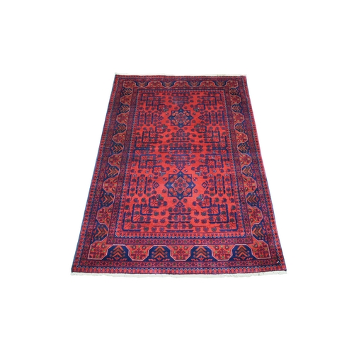 Deep and Saturated Red with Touches of Blue, Pure Wool Hand Knotted, Afghan Khamyab with Geometric Design, Oriental Rug