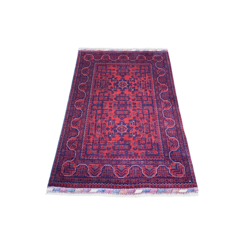 Deep and Saturated Red with Mix of Blue, Afghan Khamyab with Geometric Design, Soft and Velvety Wool Hand Knotted, Oriental Rug