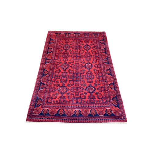 Deep and Saturated Red with Touches of Blue, Hand Knotted Afghan Khamyab with Geometric Design, Soft and Shiny Wool, Oriental Rug