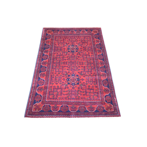 Deep and Saturated Red with Mix of Navy Blue, Soft Wool Hand Knotted, Afghan Khamyab with Geometric Design, Oriental Rug