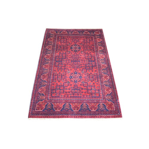 Deep and Saturated Red with Touches of Blue, Afghan Khamyab with Geometric Design, Shiny Wool Hand Knotted, Oriental Rug