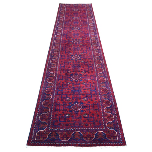 Deep and Saturated Red with Touches of Blue, Afghan Khamyab with Geometric Design, Soft and Velvety Wool Hand Knotted, Runner Oriental 