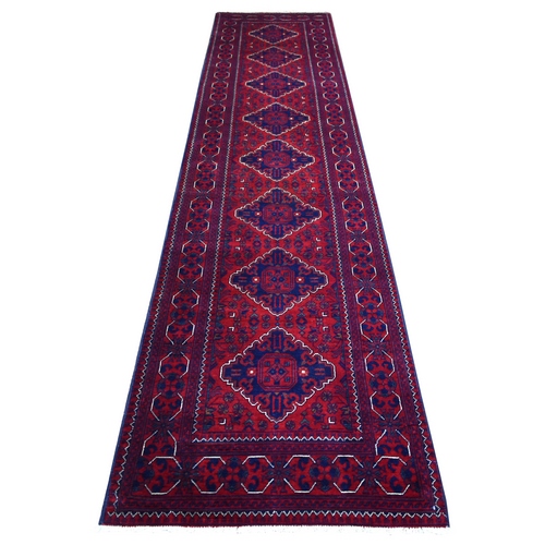 Deep and Saturated Red, Afghan Khamyab with Large Tribal Medallions Design, Soft and Shiny Wool Hand Knotted, Runner Oriental 