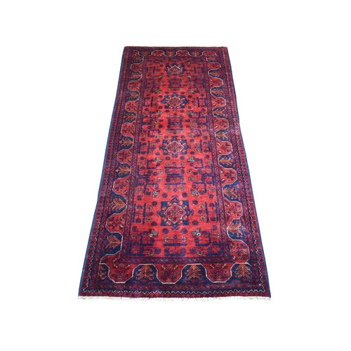 Deep and Saturated Red with Touches of Navy Blue, Afghan Khamyab with Geometric Design, Velvety Wool Hand Knotted, Runner Oriental Rug