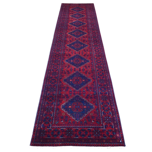 Deep and Saturated Red with Mix of Navy Blue, Hand Knotted Afghan Khamyab with Geometric Medallions Design, Pure Wool, Runner Oriental Rug