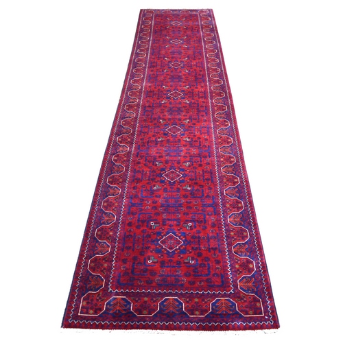 Deep and Saturated Red with Touches of Navy Blue, Afghan Khamyab with Geometric Medallion, Soft Wool Hand Knotted, Runner Oriental 