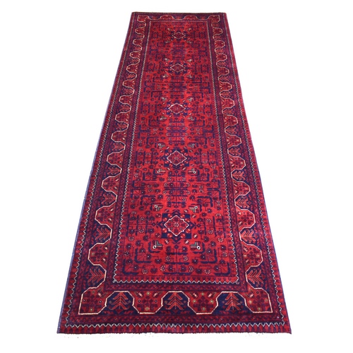 Deep and Saturated Red with Touches of Navy Blue, Soft and Velvety Wool Hand Knotted, Afghan Khamyab with Geometric Design, Runner Oriental 