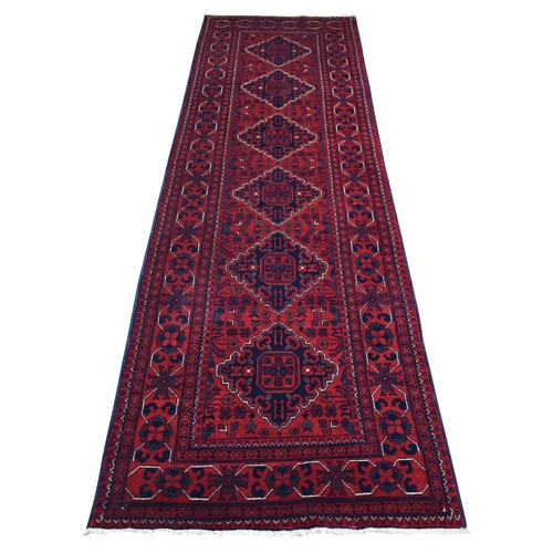 Deep and Saturated Red with Mix of Navy Blue, Afghan Khamyab with Geometric Medallion Design, Soft and Shiny Wool Hand Knotted, Runner Oriental 