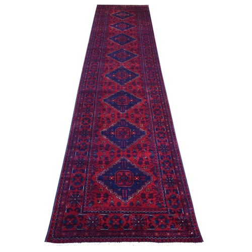 Deep and Saturated Red with Touches of Navy Blue, Hand Knotted Afghan Khamyab with Tribal Medallions Design, Velvety Wool, Runner Oriental Rug