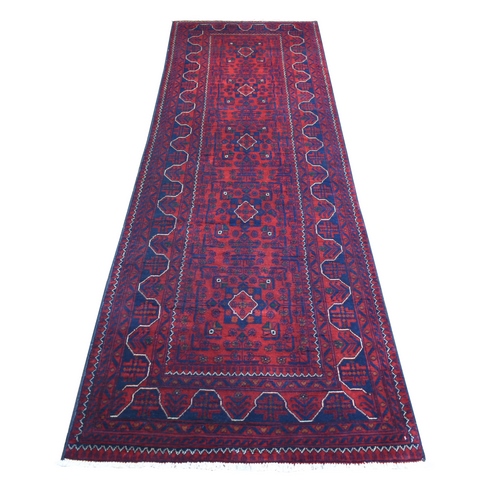 Deep and Saturated Red with Touches of Navy Blue, Afghan Khamyab with Geometric Design, Soft Wool Hand Knotted, Runner Oriental 