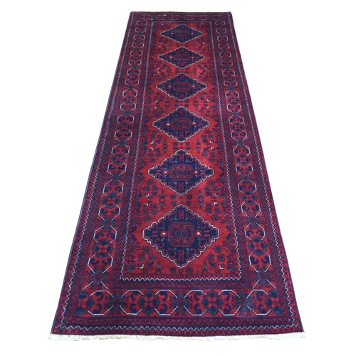 Deep and Saturated Red with Mix of Navy Blue, Shiny Wool Hand Knotted, Afghan Khamyab with Large Geometric Medallions Design, Runner Oriental Rug