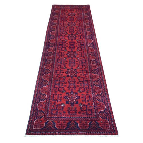 Deep and Saturated Red with Mix of Navy Blue, Soft and Shiny Wool Hand Knotted, Afghan Khamyab with Geometric Design, Runner Oriental 