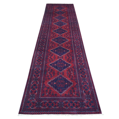 Deep and Saturated Red with Mix of Navy Blue, Afghan Khamyab with Large Geometric Medallions Design, Velvety Wool Hand Knotted, Runner Oriental 