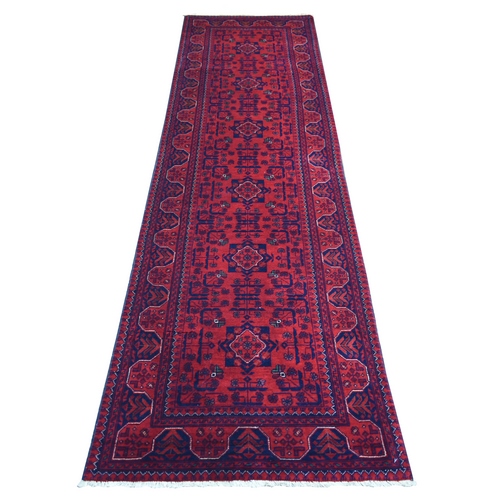 Deep and Saturated Red with Mix of Navy Blue, Afghan Khamyab with Geometric Design, Pure Wool Hand Knotted, Runner Oriental Rug