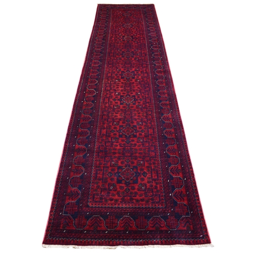 Deep and Saturated Red with Touches of Navy Blue, Hand Knotted Afghan Khamyab with Geometric Design, Soft Wool, Runner Oriental Rug