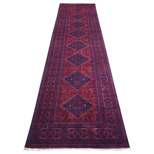 Deep and Saturated Red with Touches of Navy Blue, Soft and Shiny Wool Hand Knotted, Afghan Khamyab with Large Tribal Medallions Design, Runner Oriental 
