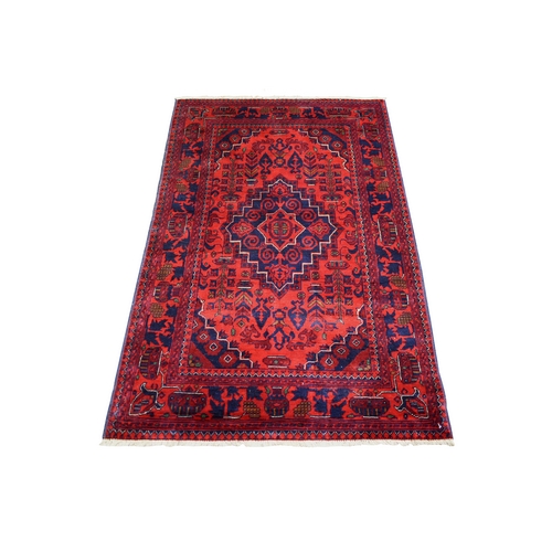 Deep and Saturated Red Tribal Design Velvety Wool, Afghan Khamyab Hand Knotted Oriental Rug