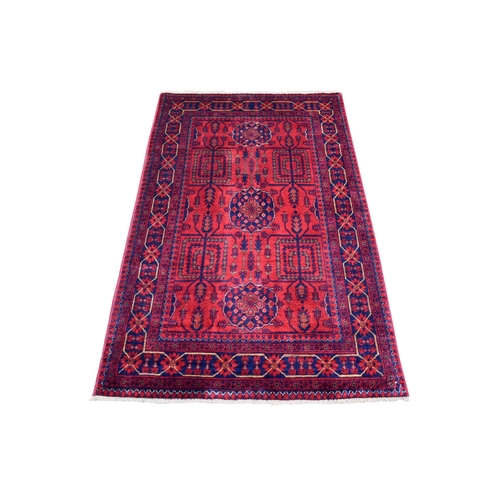 Deep and Saturated Red With Geometric Design Hand Knotted Afghan Khamyab, Velvety Wool Oriental Rug