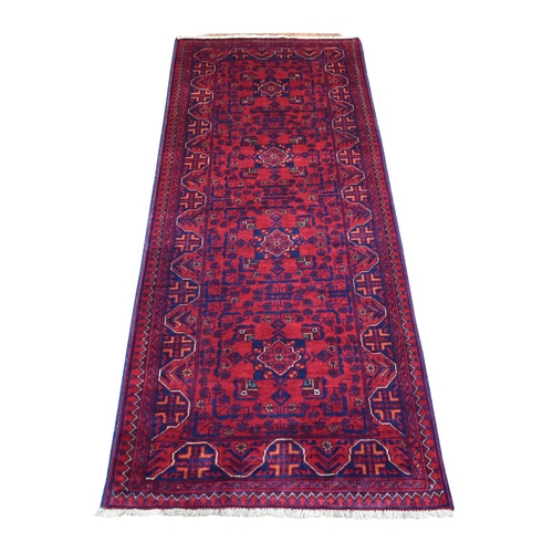 Deep and Saturated Red Afghan Khamyab, Velvety Wool with Tribal Design Hand Knotted Runner Oriental Rug