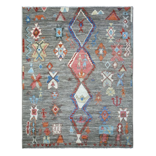 Taupe Gray Hand Knotted, Soft and Shiny Wool, Boujaad Moroccan Berber Design with Small Figurines, Colorful Arts and Crafts, Natural Dyes, Oriental Rug Taupe Gray Hand Knotted, Soft and Shiny Wool, Boujaad Moroccan Berber Design with Small Figurines, Colorful Arts and Crafts, Natural Dyes, Oriental Rug