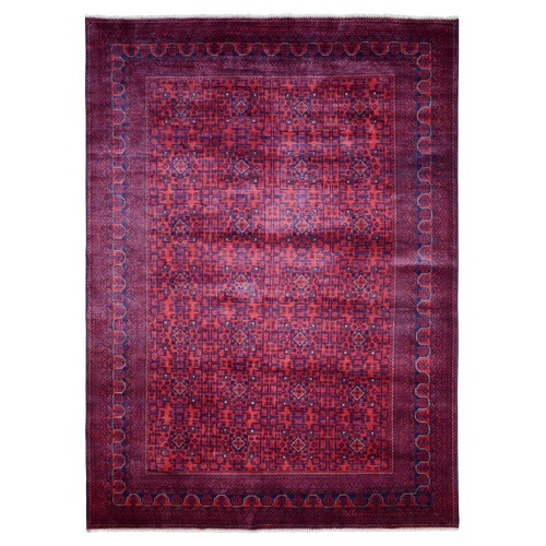 Deep and Saturated Red Soft and Shiny Wool, Hand Knotted with Geometric Design Afghan Khamyab Oriental 