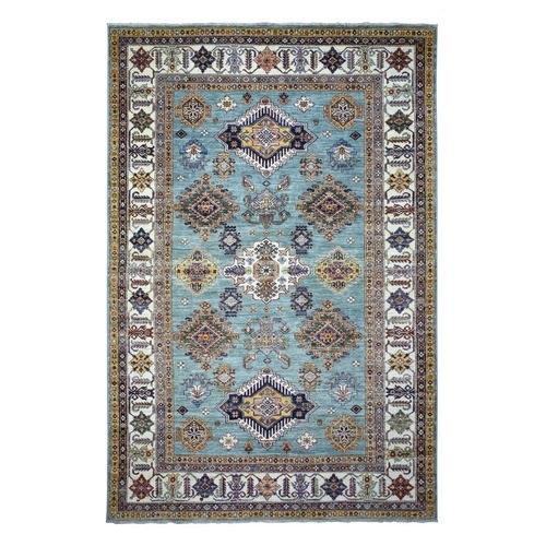 Aquamarine Caucasian Super Kazak with Geometric Design, Hand Knotted, 100% Wool, Densely Woven, Natural Dyes Oriental 