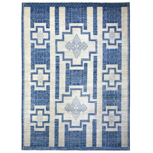 Denim Blue, Fine Peshawar with Berber Motifs, Hand Knotted, Densely Woven, Soft and Shiny Wool Oriental Rug
