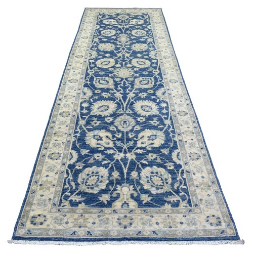 Denim Blue Hand Knotted Stone Wash Peshawar, Pure Wool Natural Dyes, Wide Runner Oriental 