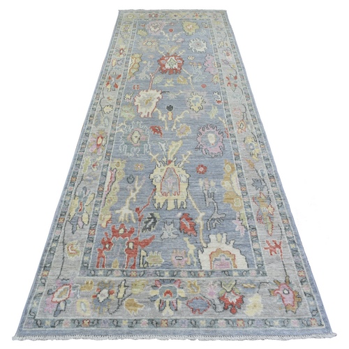 Light Gray, Afghan Angora Oushak with Large Colorful Flower Pattern Natural Dyes, Soft and Velvety Wool Hand Knotted, Wide Runner Oriental 