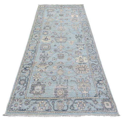 Light Blue, Soft Wool Hand Knotted, Afghan Angora Oushak with Soft Colors Natural Dyes, Wide Runner Oriental 