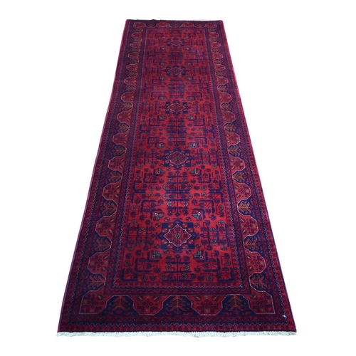 Deep and Saturated Red Tribal Design Velvety Wool, Afghan Khamyab Hand Knotted Runner Oriental 