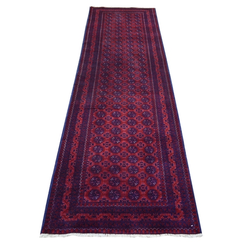 Deep and Saturated Red Soft and Shiny Wool, Hand Knotted with Geometric Medallions Afghan Khamyab Runner Oriental 