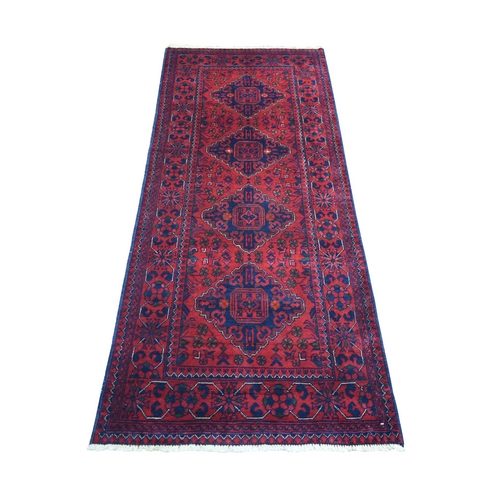 Deep and Saturated Red Natural Dyes Afghan Khamyab Hand Knotted Velvety Wool, Geometric Design Runner Oriental Rug