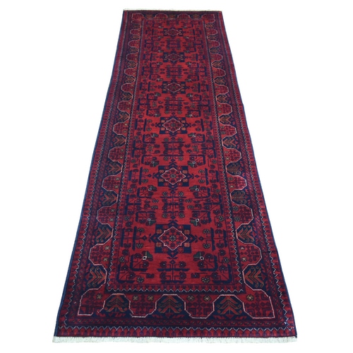 Deep and Saturated Red Afghan Khamyab, Velvety Wool With Tribal Design Hand Knotted Runner Oriental Rug