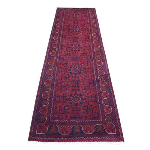 Deep And Saturated Red Hand Knotted With Tribal Design, Soft and Shiny Wool Afghan Khamyab Runner Oriental Rug