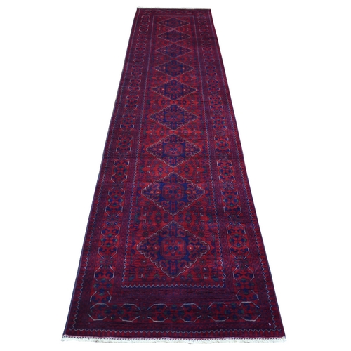 Deep and Saturated Red with Geometric Design Hand Knotted Afghan Khamyab, Velvety Wool Runner Oriental Rug