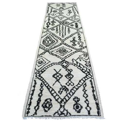 Ivory Natural Dyes Hand Knotted, Soft and Shiny Wool, Boujaad Moroccan Berber with Criss Cross Pattern with Large Elements Runner Oriental 